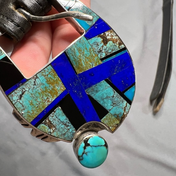 Vintage Navajo Yazzie Sterling silver turquoise & lapis belt caballo leather - Picture 16 of 16